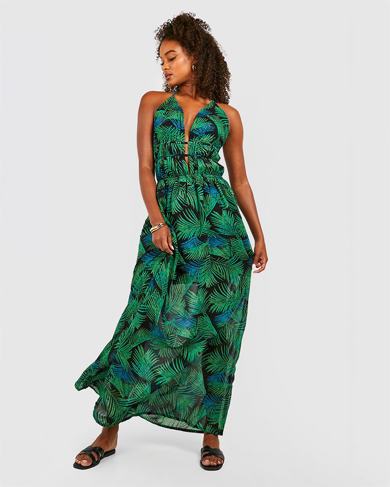 Tall Plunge Front Palm Print Maxi Dress