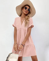 Roll Cuff Ruffle Hem Solid Dress