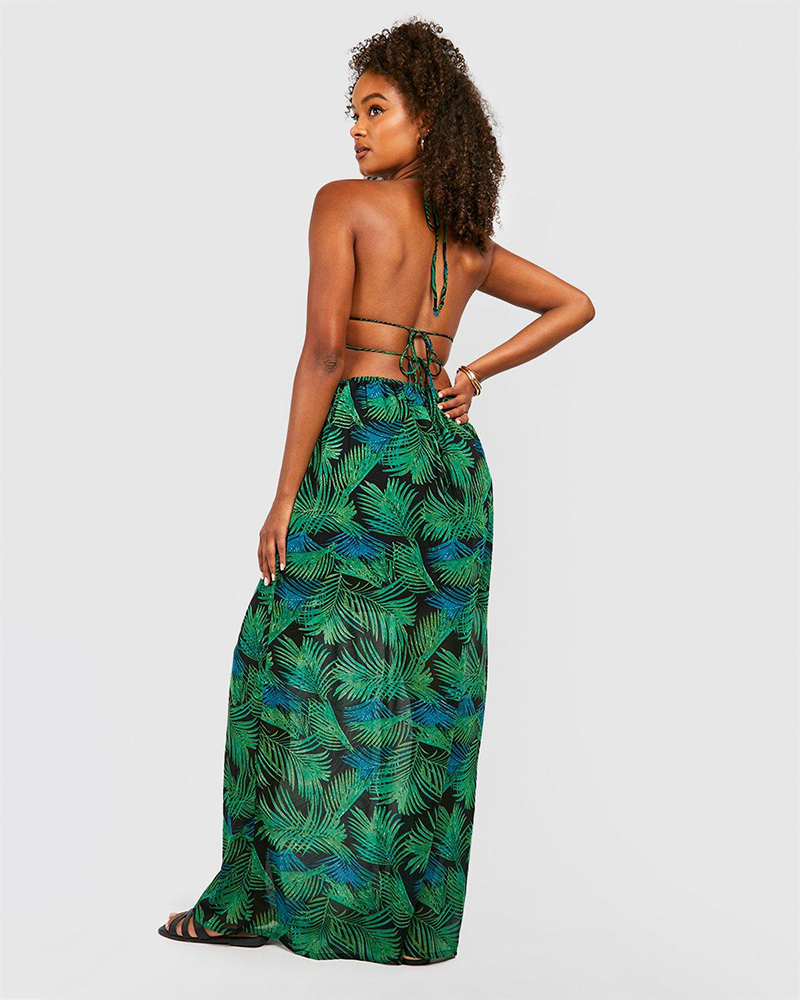 Tall Plunge Front Palm Print Maxi Dress