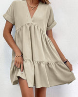 Roll Cuff Ruffle Hem Solid Dress