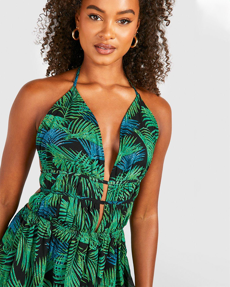 Tall Plunge Front Palm Print Maxi Dress