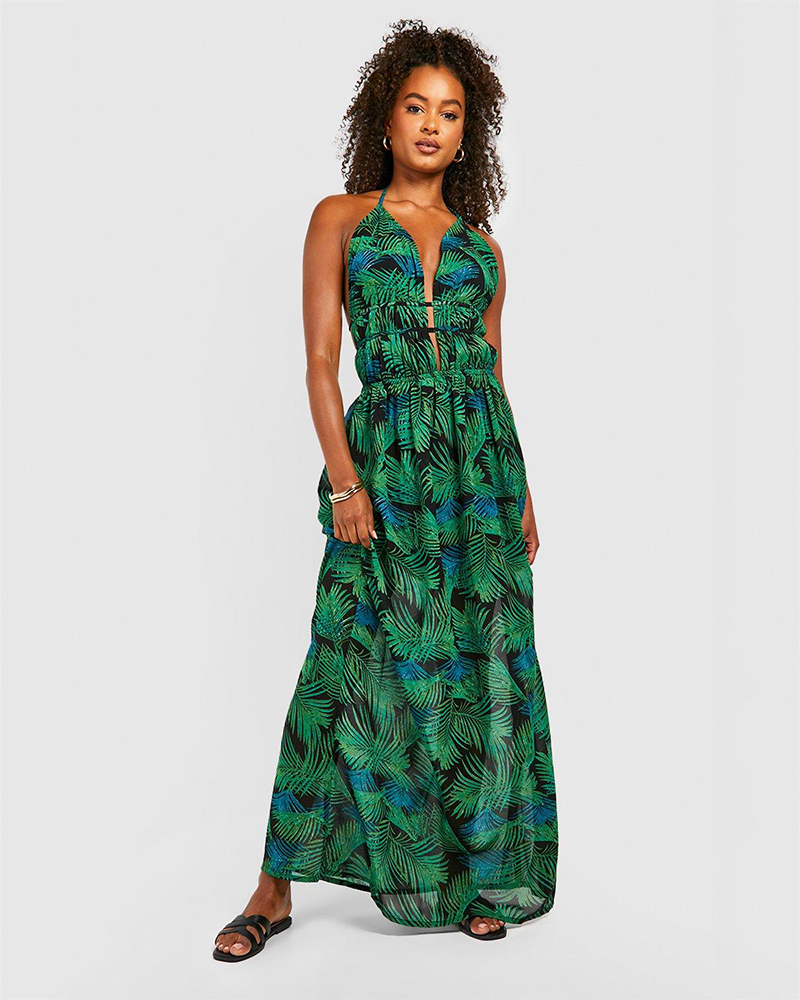 Tall Plunge Front Palm Print Maxi Dress