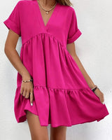 Roll Cuff Ruffle Hem Solid Dress