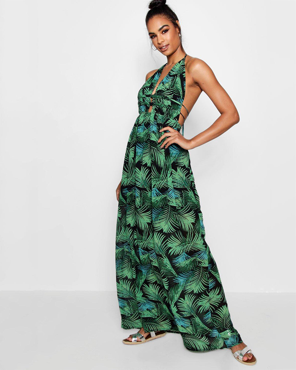 Tall Plunge Front Palm Print Maxi Dress