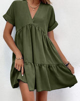 Roll Cuff Ruffle Hem Solid Dress