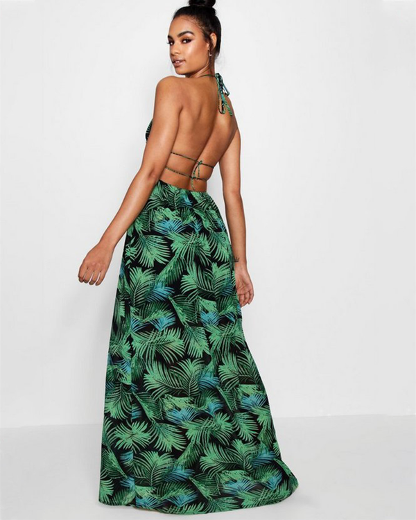 Tall Plunge Front Palm Print Maxi Dress