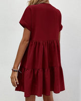 Roll Cuff Ruffle Hem Solid Dress