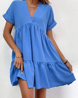 Roll Cuff Ruffle Hem Solid Dress