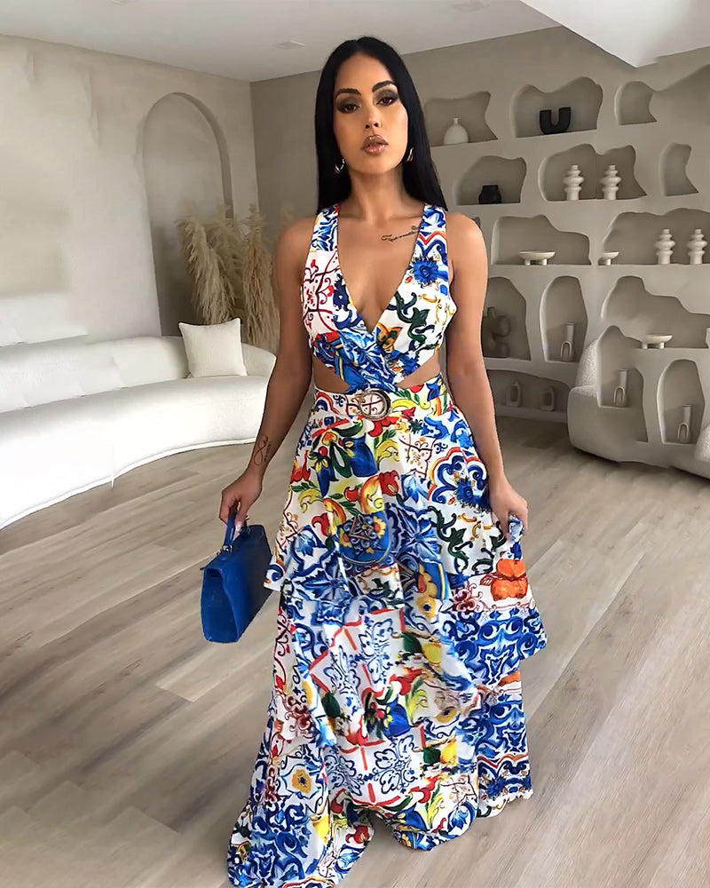 Printed Blue Maxi Dress