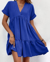 Roll Cuff Ruffle Hem Solid Dress