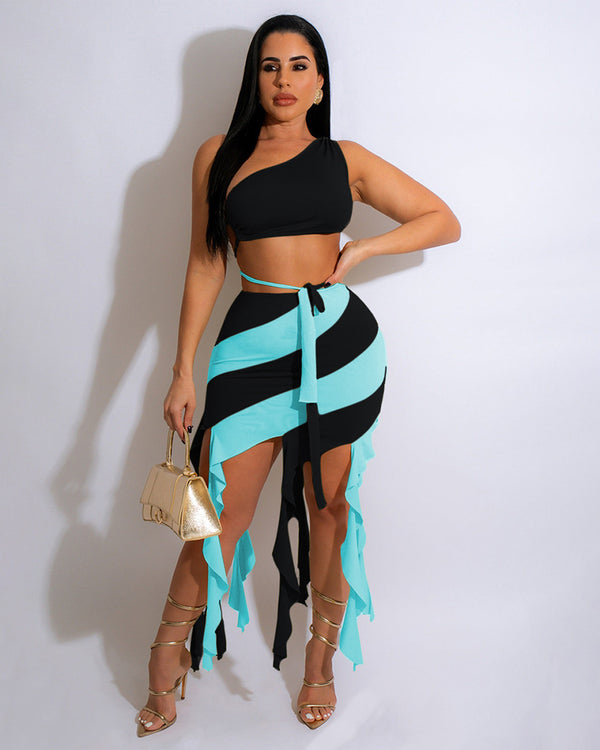 One Shoulder Crop Top Skirt Set