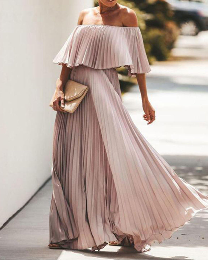 Off Shoulder Pleated Detail Maxi Dress