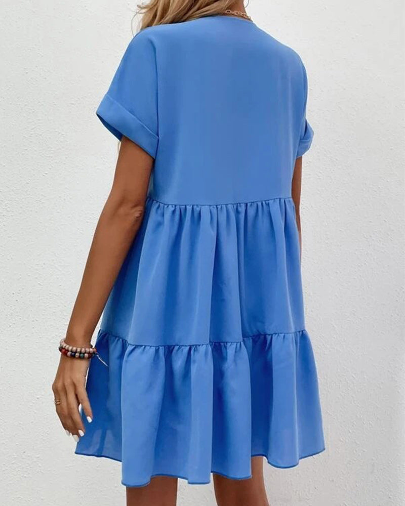 Roll Cuff Ruffle Hem Solid Dress