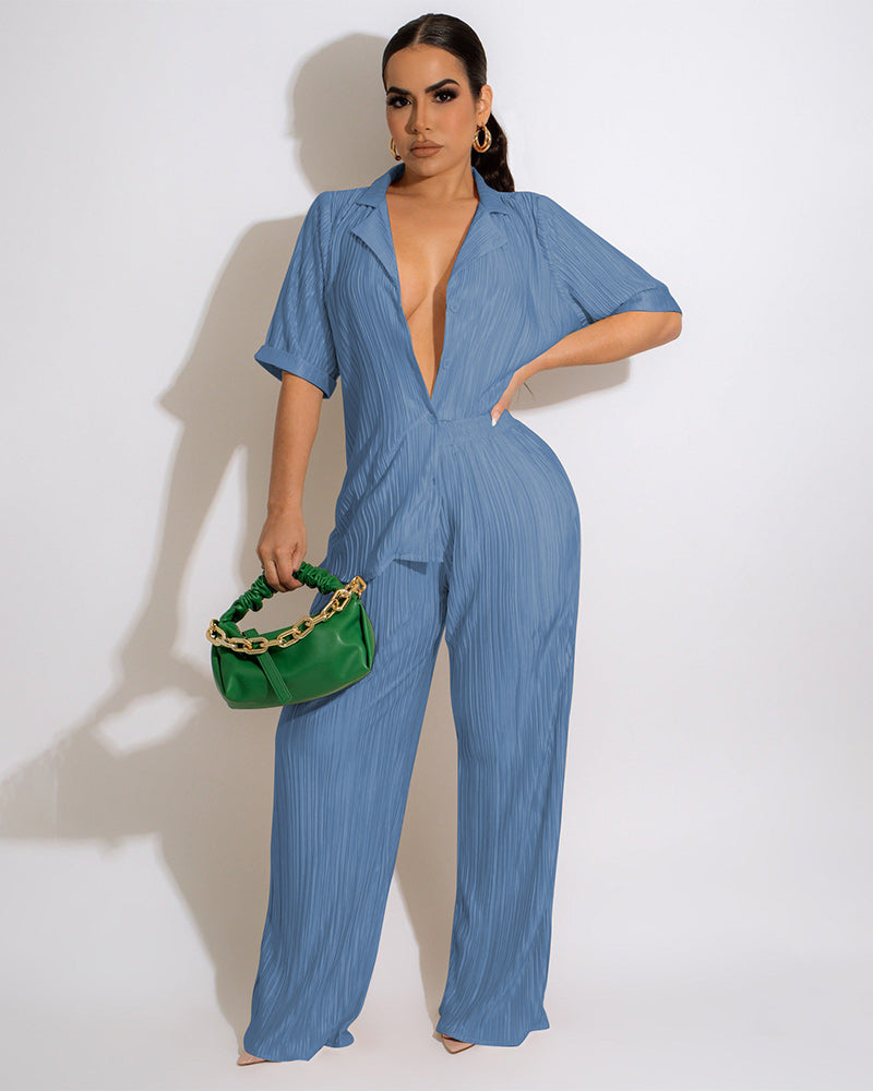 Pleated Solid Pants Set