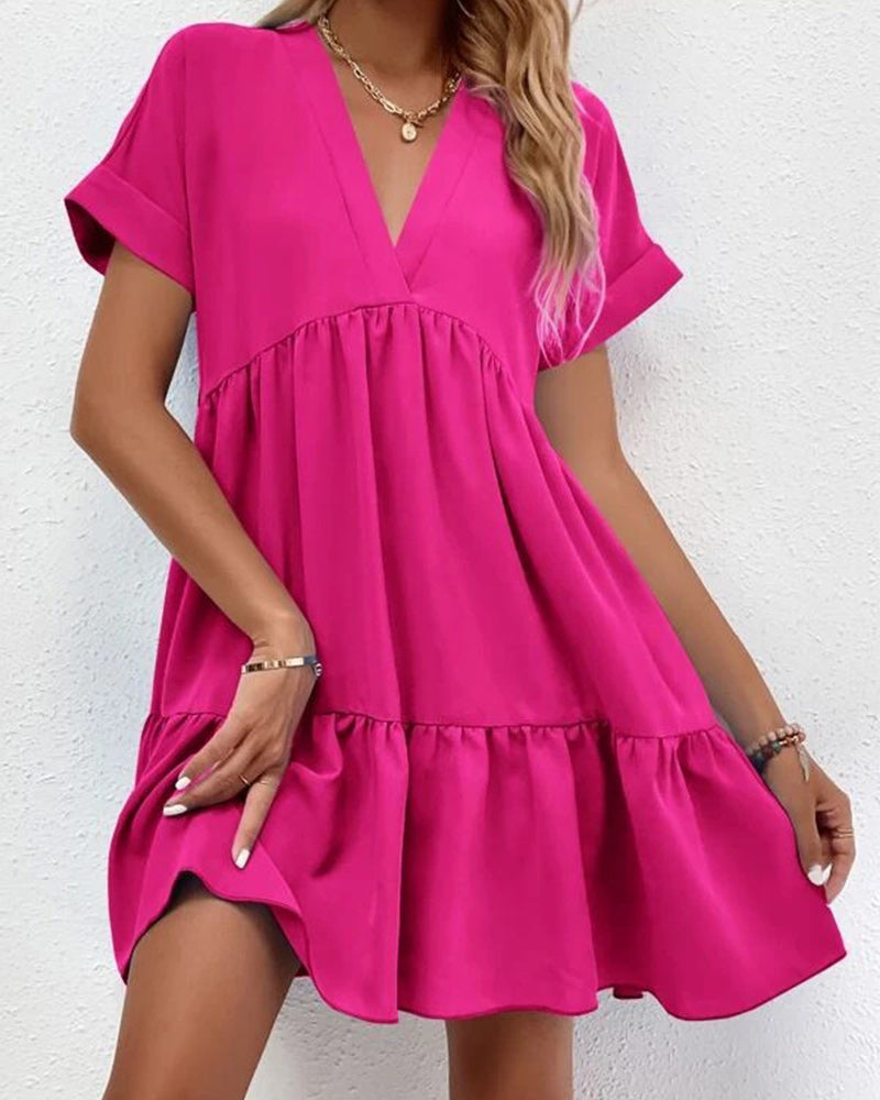 Roll Cuff Ruffle Hem Solid Dress