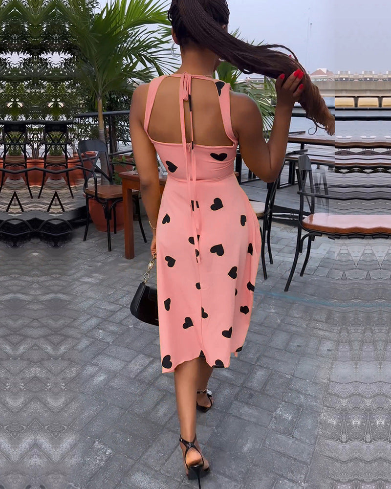 Heart Print Sweet Midi Dress