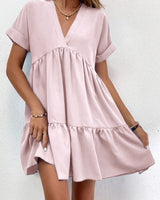 Roll Cuff Ruffle Hem Solid Dress