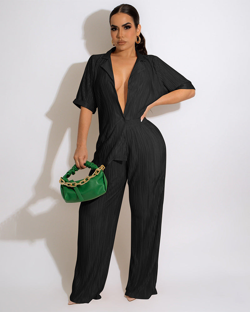 Pleated Solid Pants Set