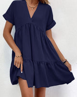 Roll Cuff Ruffle Hem Solid Dress