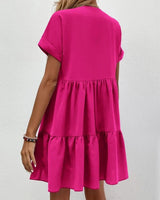 Roll Cuff Ruffle Hem Solid Dress