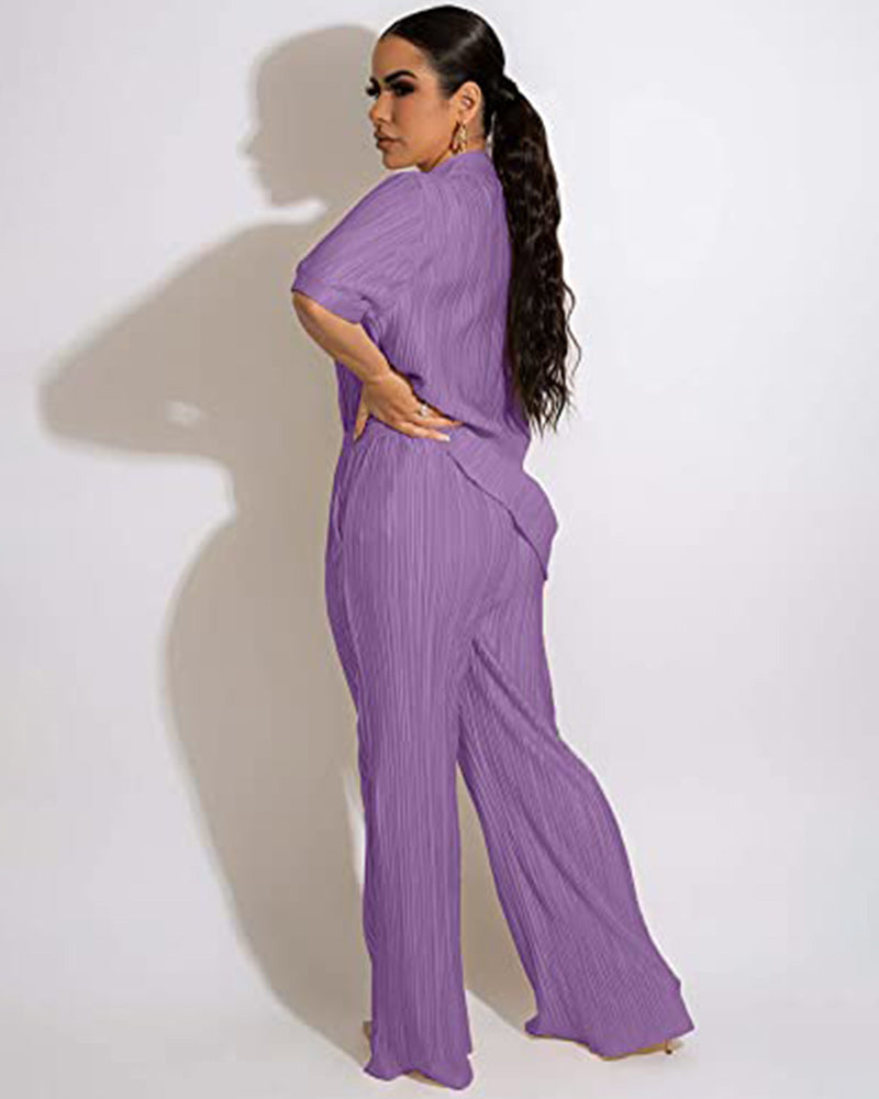 Pleated Solid Pants Set