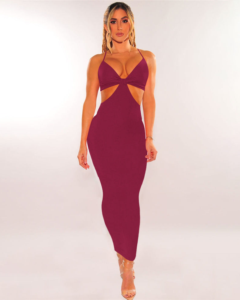 Solid Backless Sling Maxi Dress