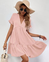 Roll Cuff Ruffle Hem Solid Dress