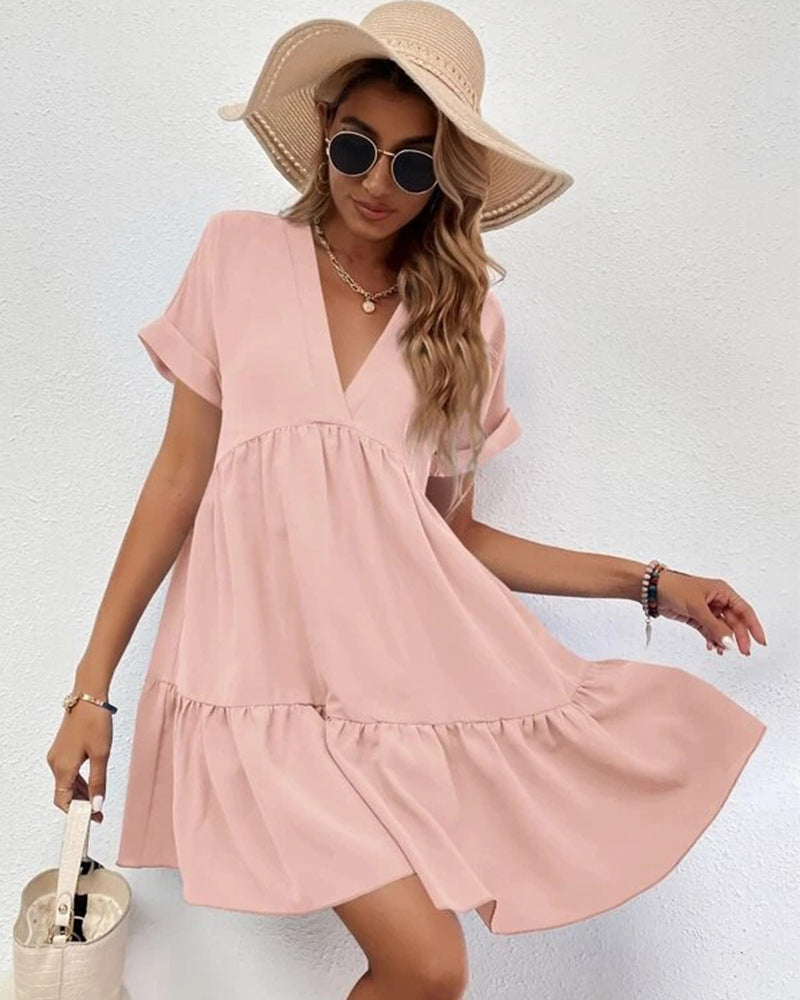 Roll Cuff Ruffle Hem Solid Dress